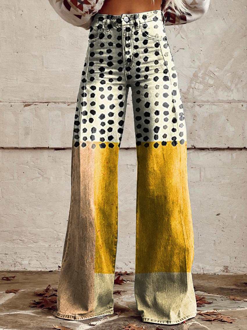 Retro Abstract Print Casual Wide-Leg Pants