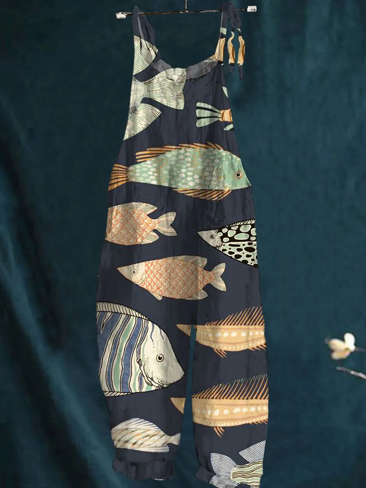 Vintage Lovely Fish Art Print Casual Wide-Leg Jumpsuit