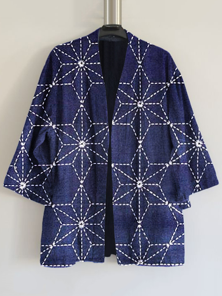 Vintage Japanese Traditional Sashiko Floral Blooming Art Print Blend Kimono Cardigan