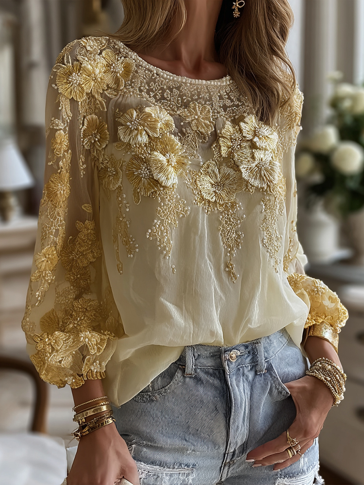 Women's Classic Bohemian Yellow Floral And Gold Roses Embroidery Art  Linen Blend Round Neck T-shirt