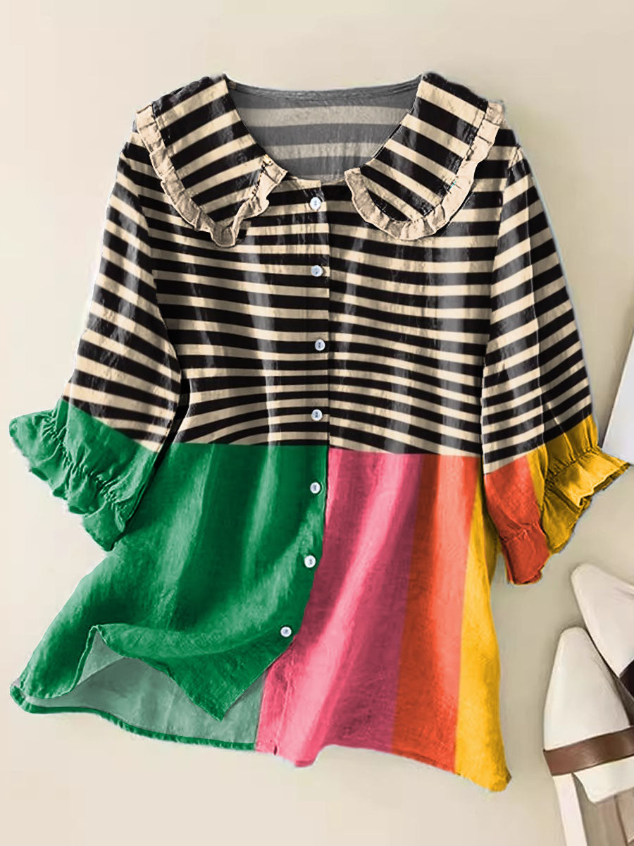 Geometric Line Pattern Art Print Casual Peter Pan Collar Cotton Shirt