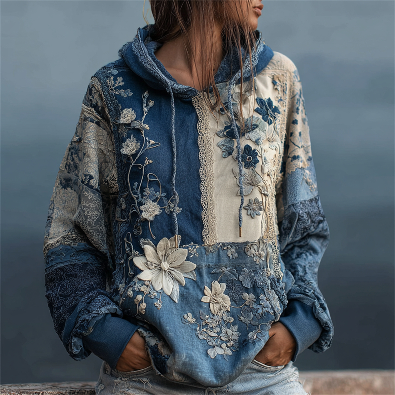 Vintage Flowers Lace Fiber Art Patchwork Hoodie