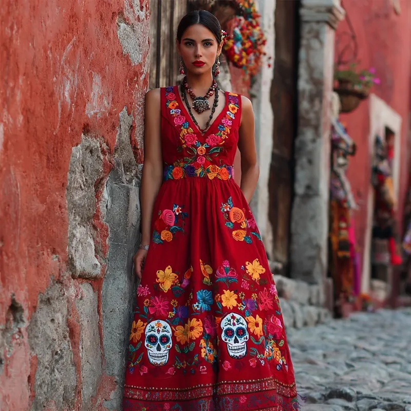 Day Of The Dead Sugar Skulls Flowers Embroidered Linen Maxi Evening Dress