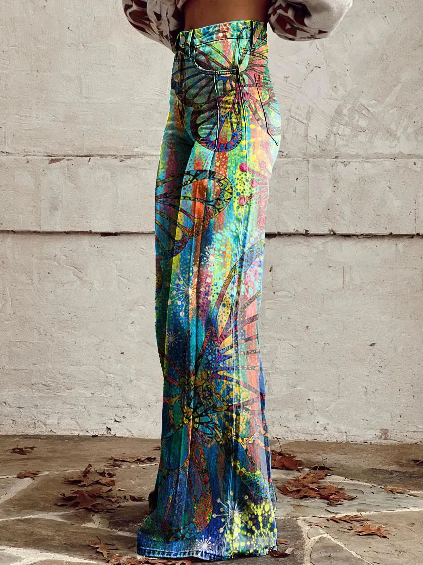 Vintage Butterfly Print Wide-Leg Pants