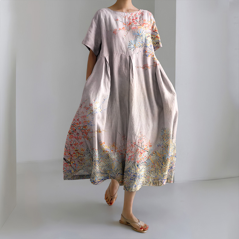 Japanese Cherry Blossoms Art Short Sleeve Midi Dress