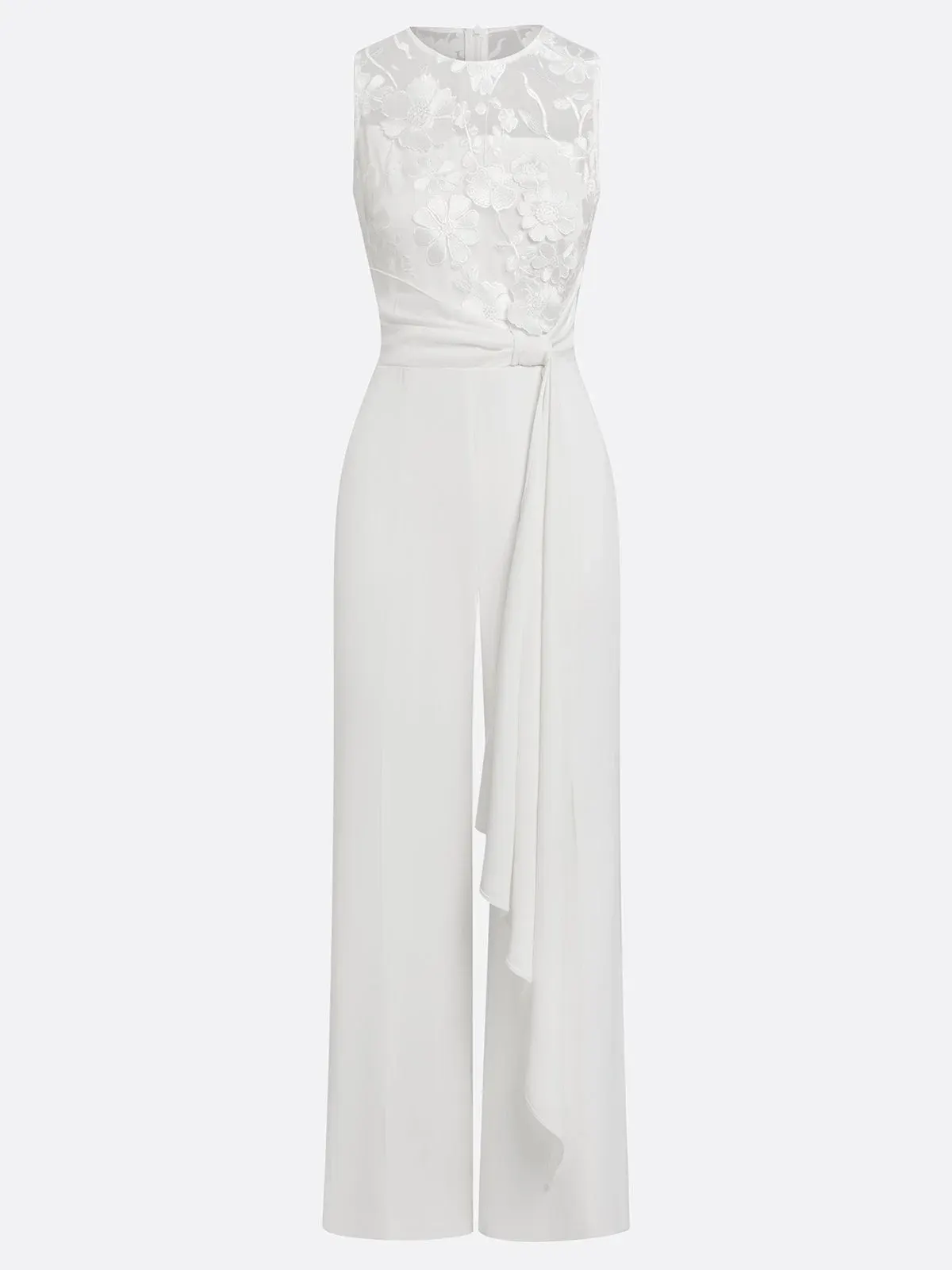 White 3D Floral Crew Neck Sleeveless Elegant Jumpsuit