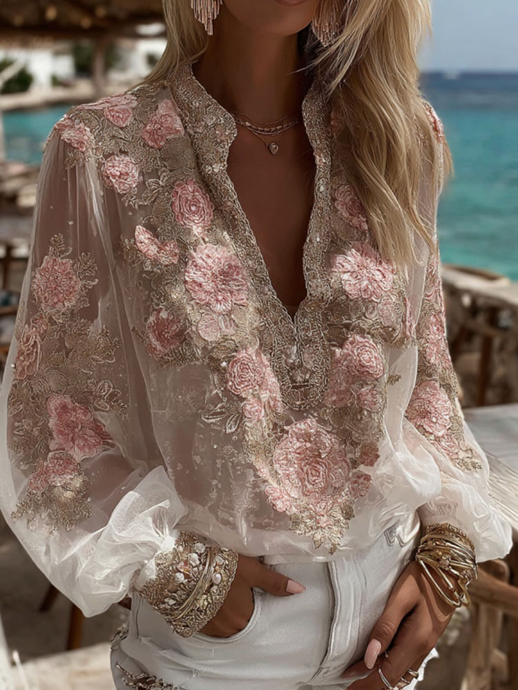 Women's Vintage Floral Art Print V-neck Long Sleeve T-shirt
