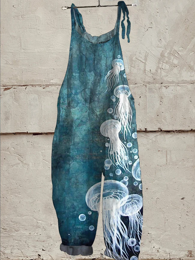 Watercolor Jellyfish Art Printed Women's Casual Wide-Leg Jumpsuit