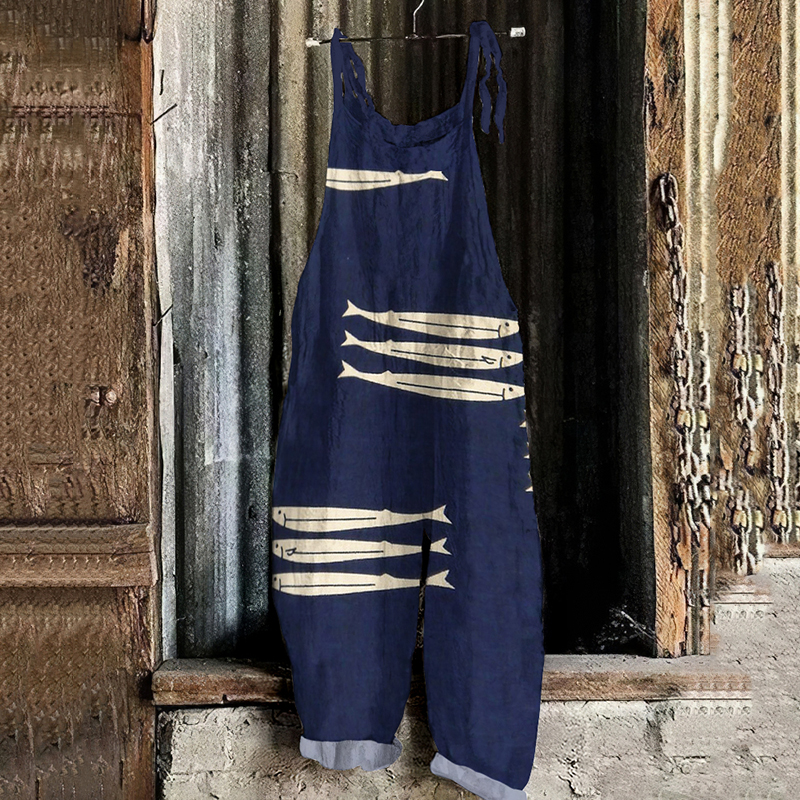 Retro Sardinas Ocean Fish Art Print Linen Loose Casual Jumpsuit