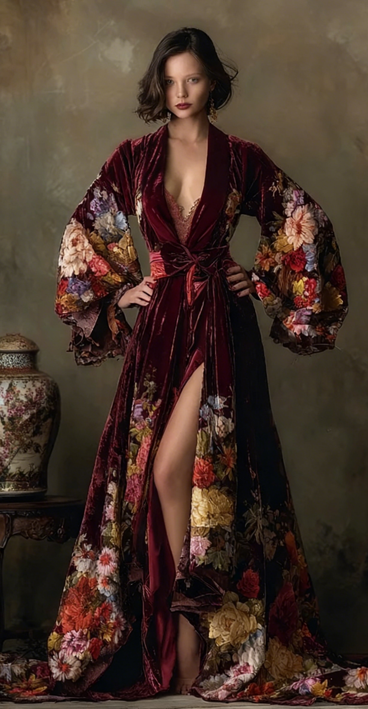 Women's Retro Fit Red Velvet Robe (belt Included)