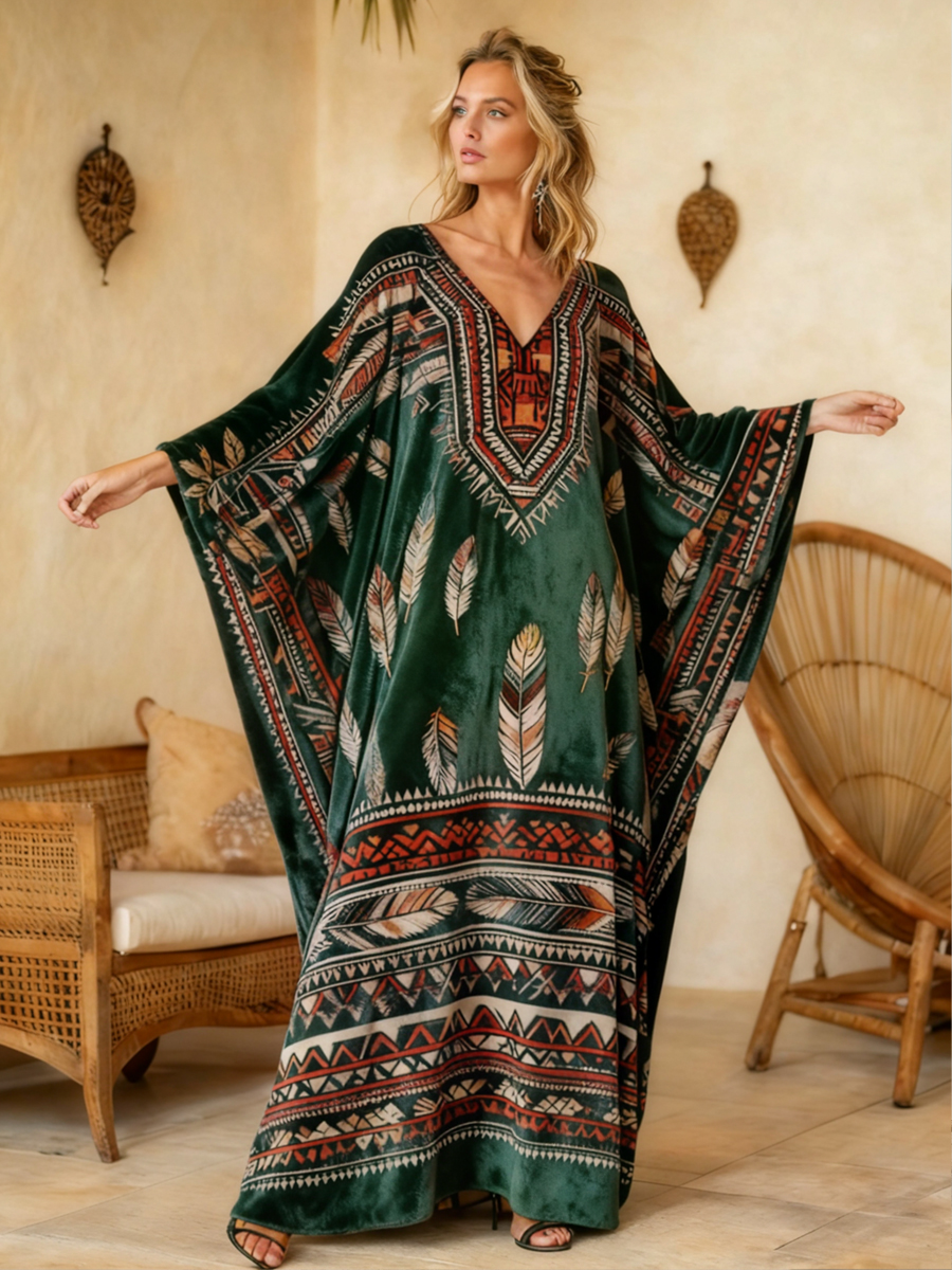 Women's Bohemian Art Pattern V-Neck Long Velvet Kimono Robe