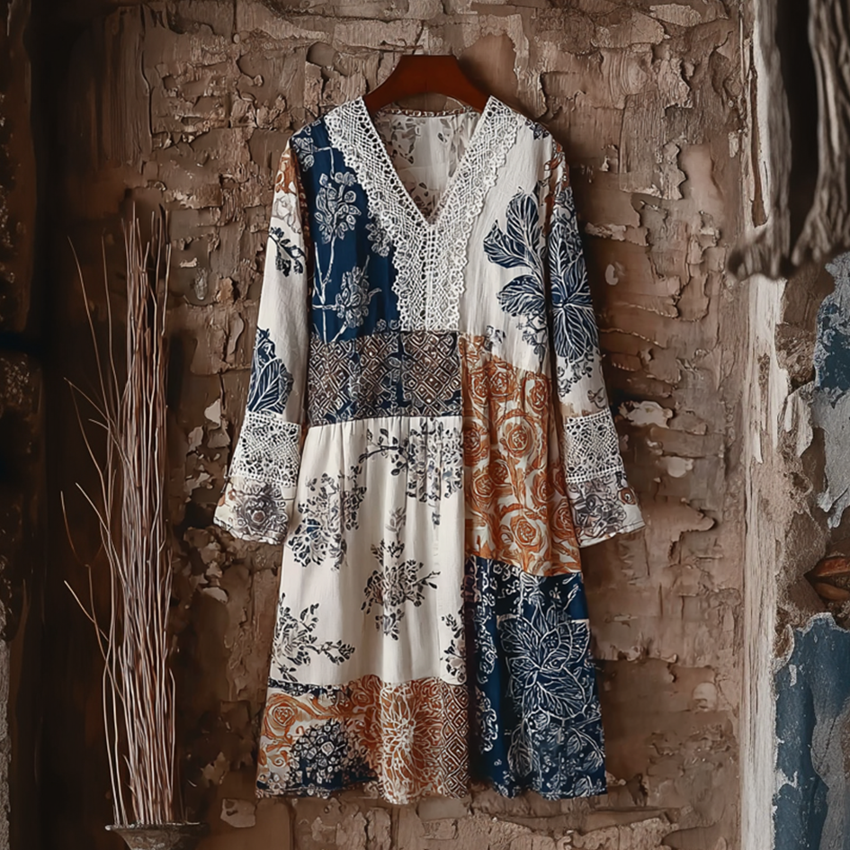 Japanese Art Retro Style Geometric Patchwork Design Lace Patch Women's Cotton & Linen Dress