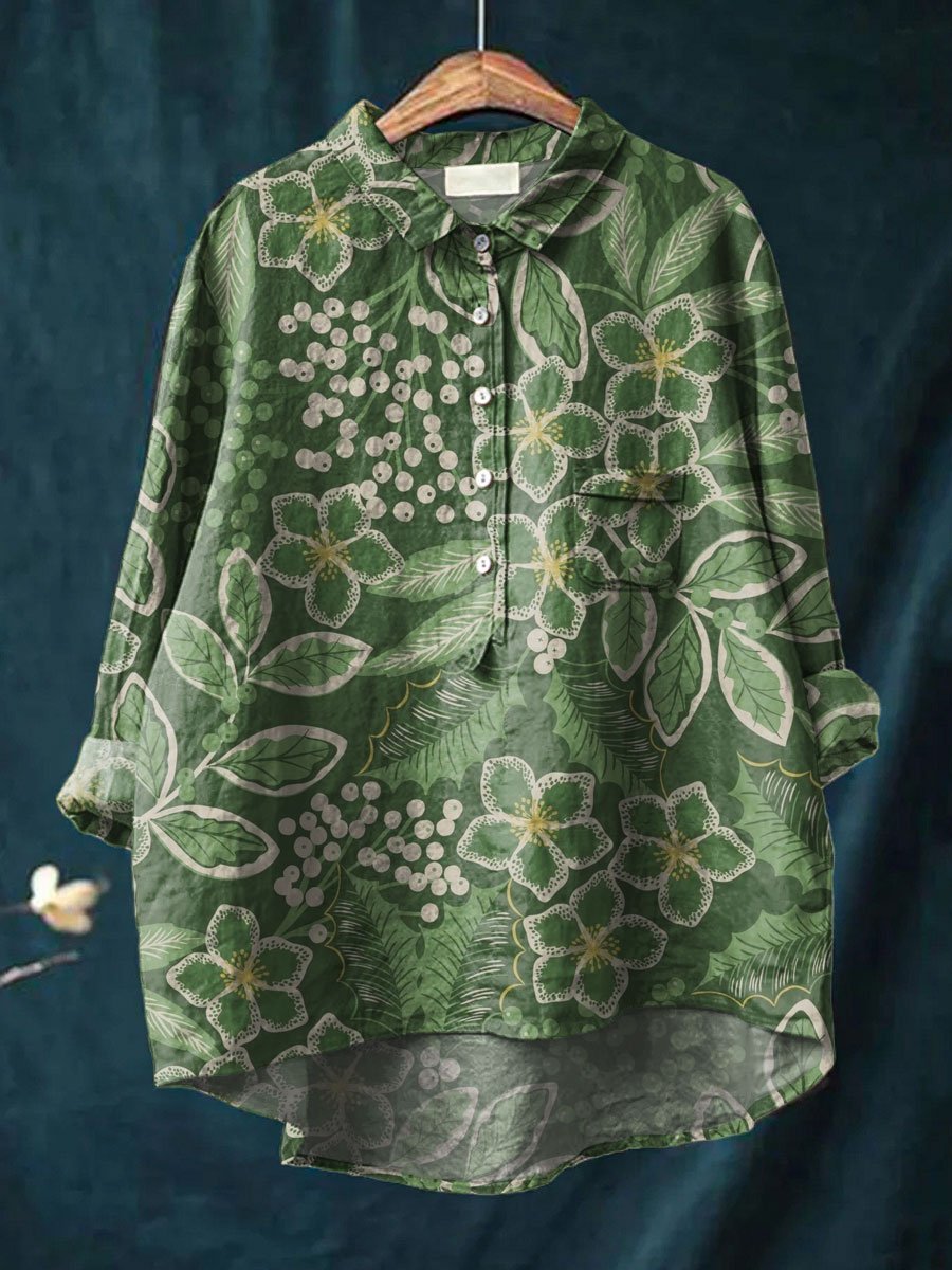 Vintage Flower Print Casual Cotton & Linen Shirt