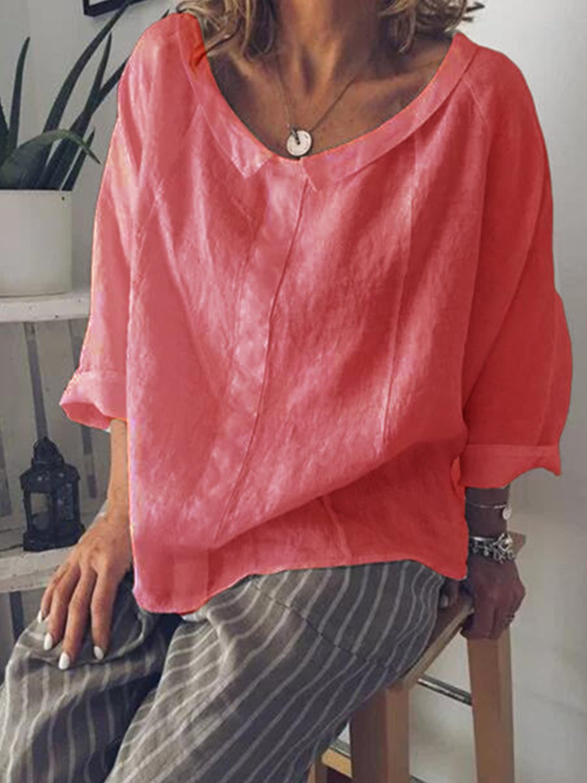 Solid Color Small Lapel Pullover Cotton Linen Shirt