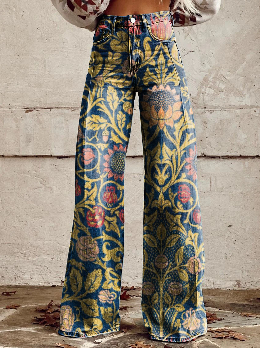 Vintage Floral Print Casual Wide-Leg Pants