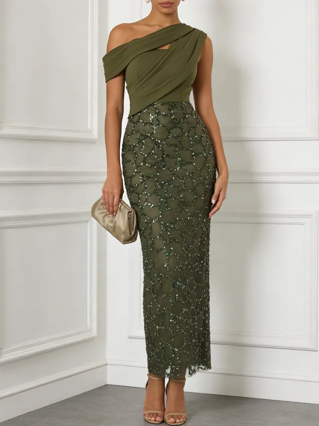 Olive Green Glitter Asymmetrical Sleeveless Sheath Maxi Dress