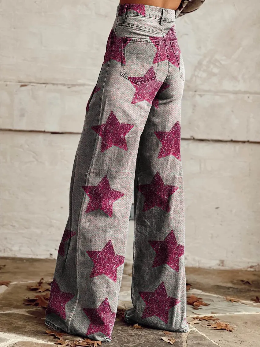 White Pink Star Print Casual Wide-Leg Pants