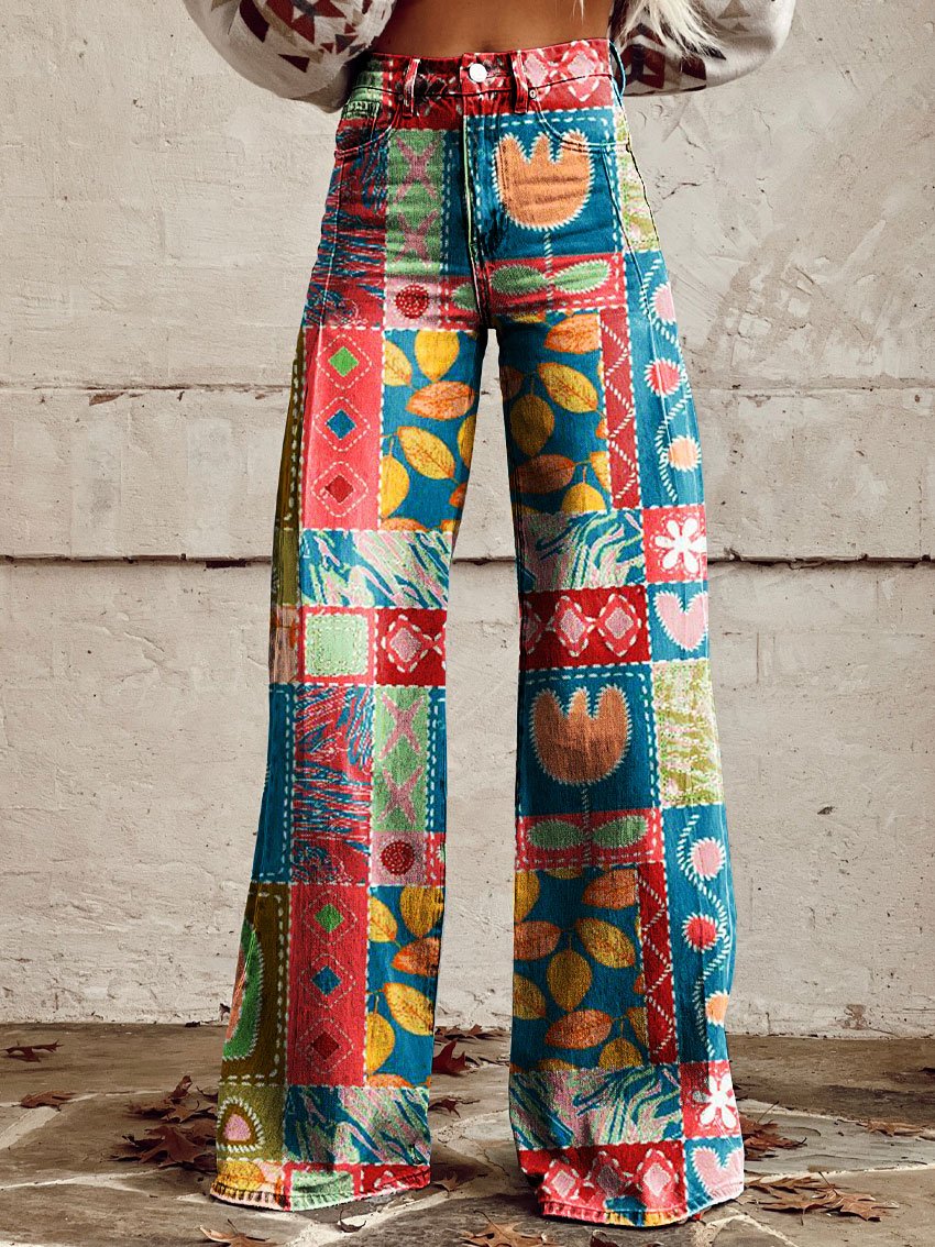 Vintage Print Casual Wide-Leg Pants