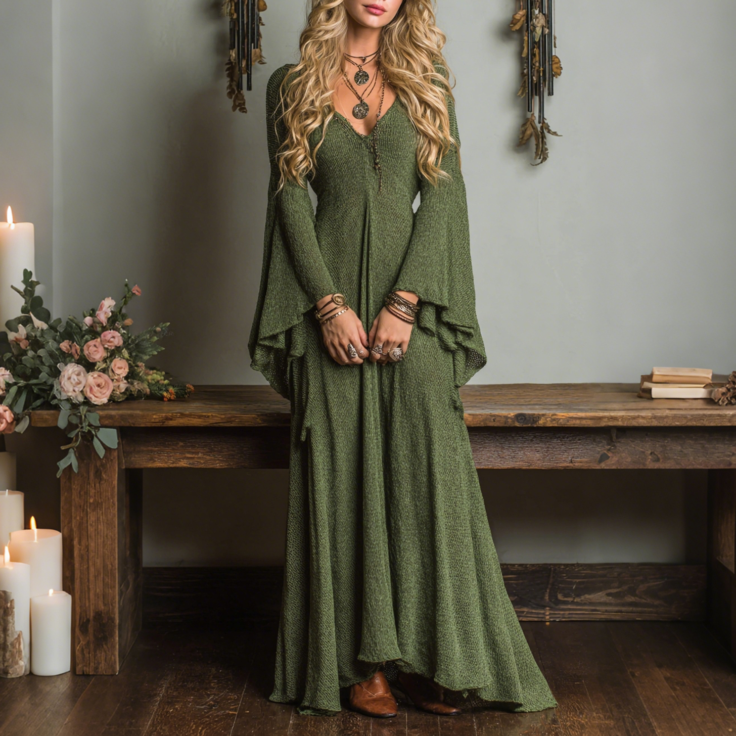 Elegant V-neck Sheer High-waisted Openwork Woven Flared Long-sleeved Oversized Dress