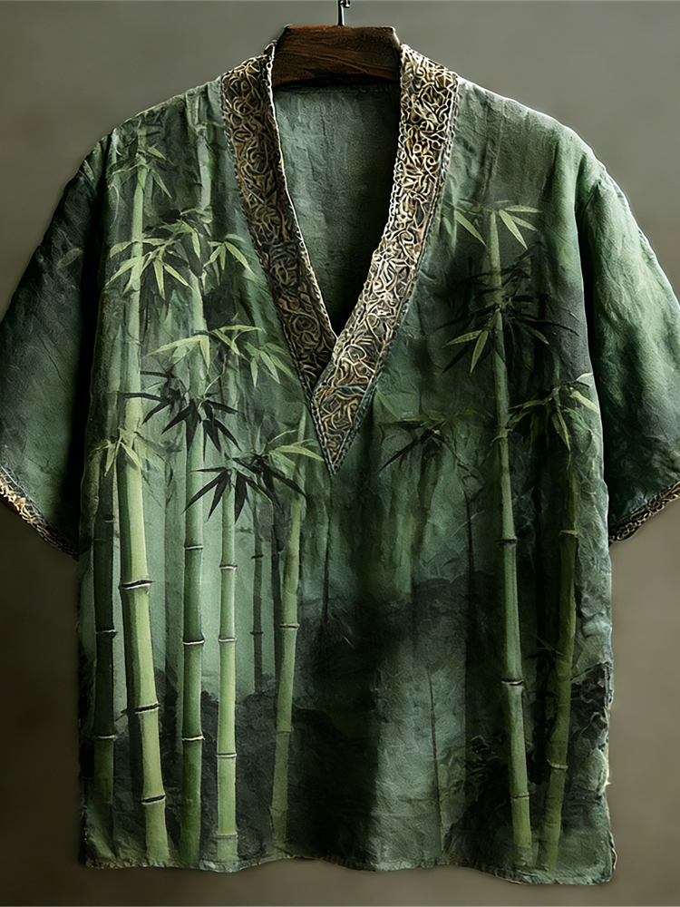 Japanese Bamboo Pattern Linen Short Sleeve V-neck Shirt