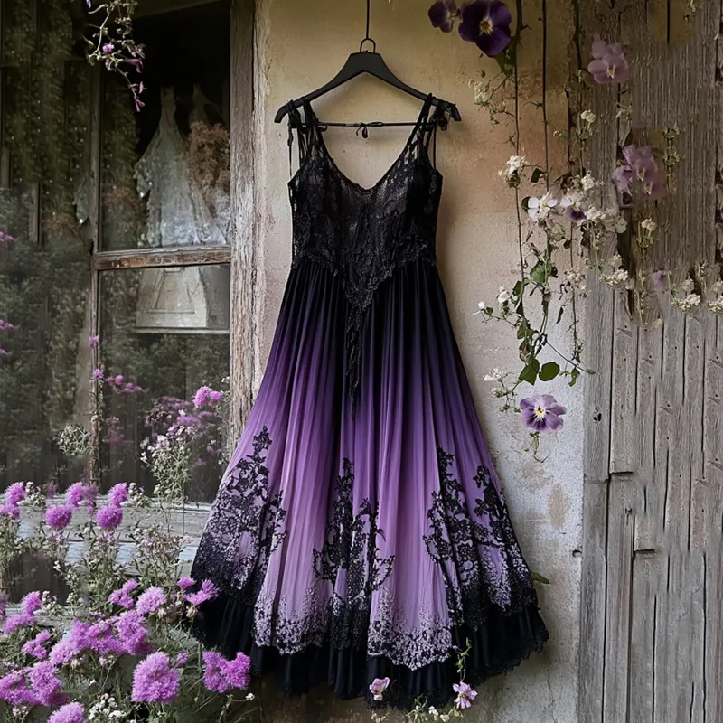 Vintage Gradient Embroidered Lace Patchwork Art Dress