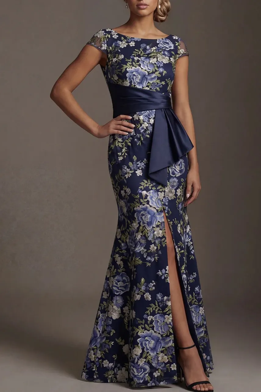 Navy Bateau Neck Cap Sleeve Floral Mermaid Maxi Dress