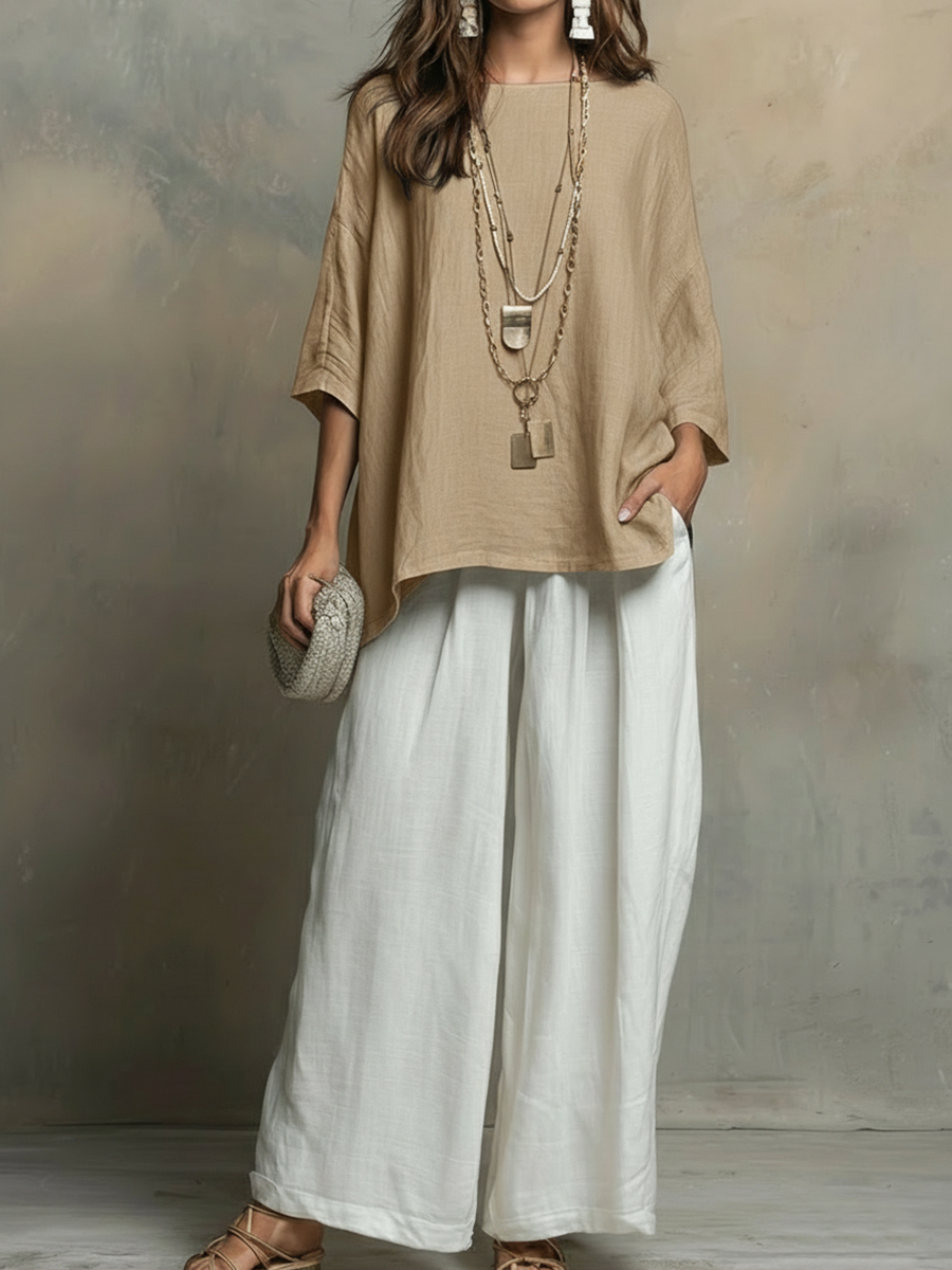 Cotton-linen Irregular Top & Wide-leg Pants Two-piece Set
