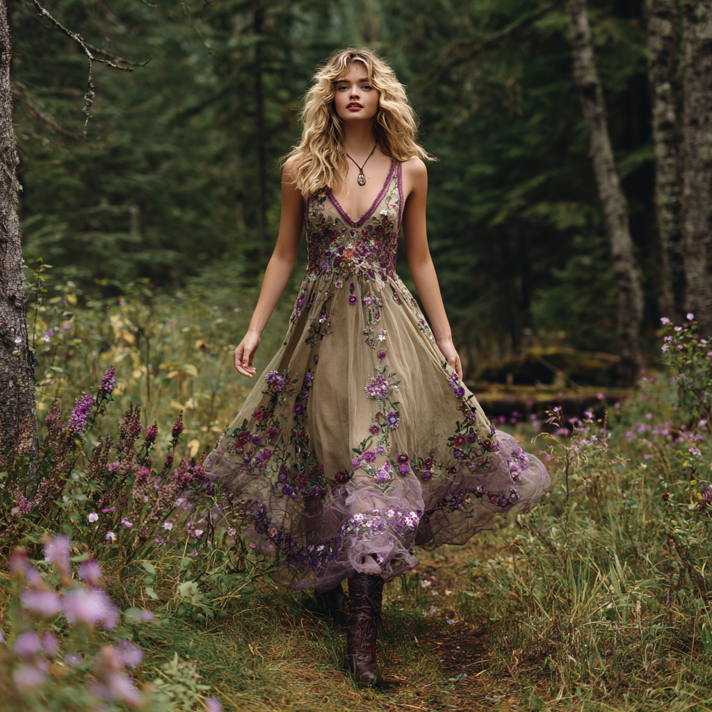 Vintage Purple Floral Embroidery V-neck Sleeveless Dress
