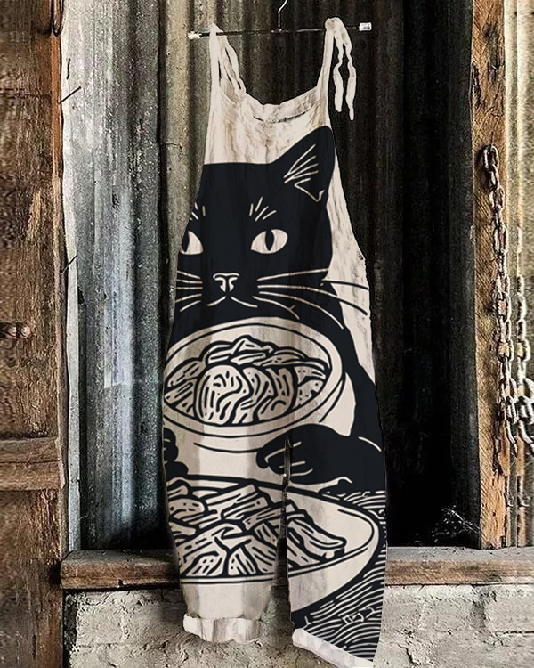 Unique Kimchi Cat Print Casual Jumpsuit