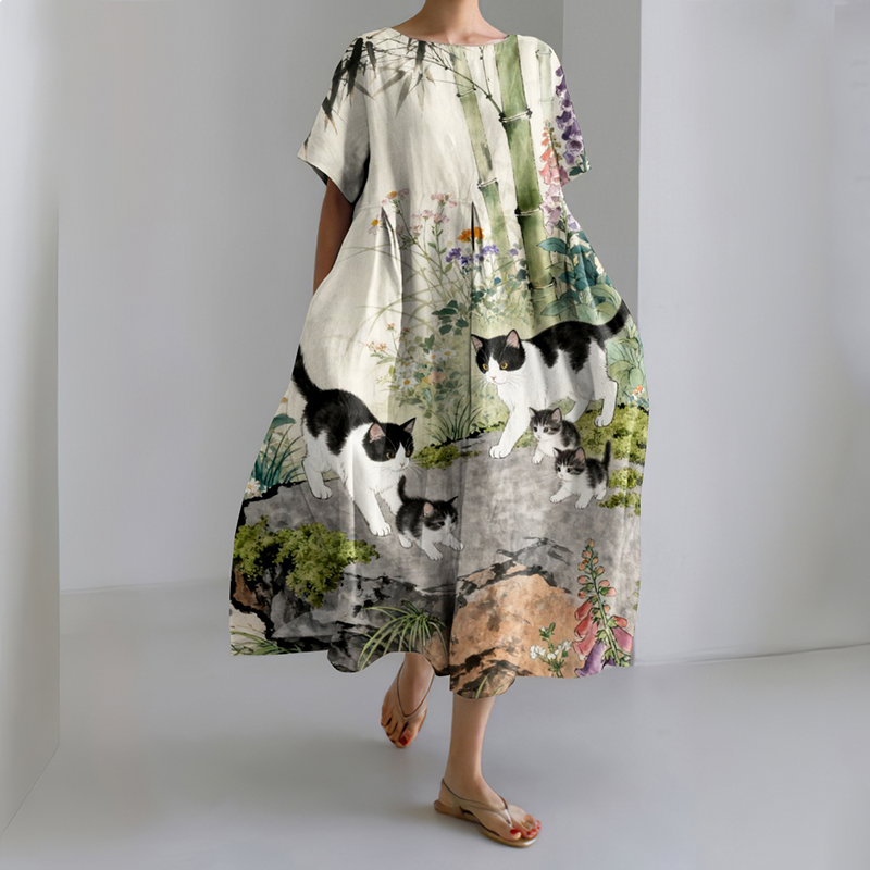 Japanese Flower & Cat Art Print Short Sleeve Midi Dress
