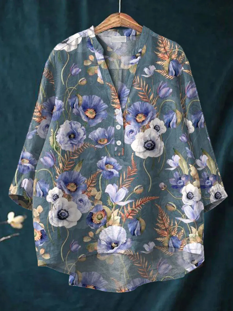 Vintage Flower Art Print Casual Cotton & Linen Shirt