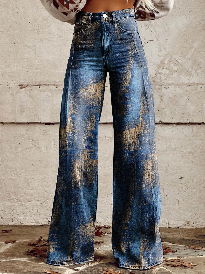 Blue Print Casual Wide-Leg Pants