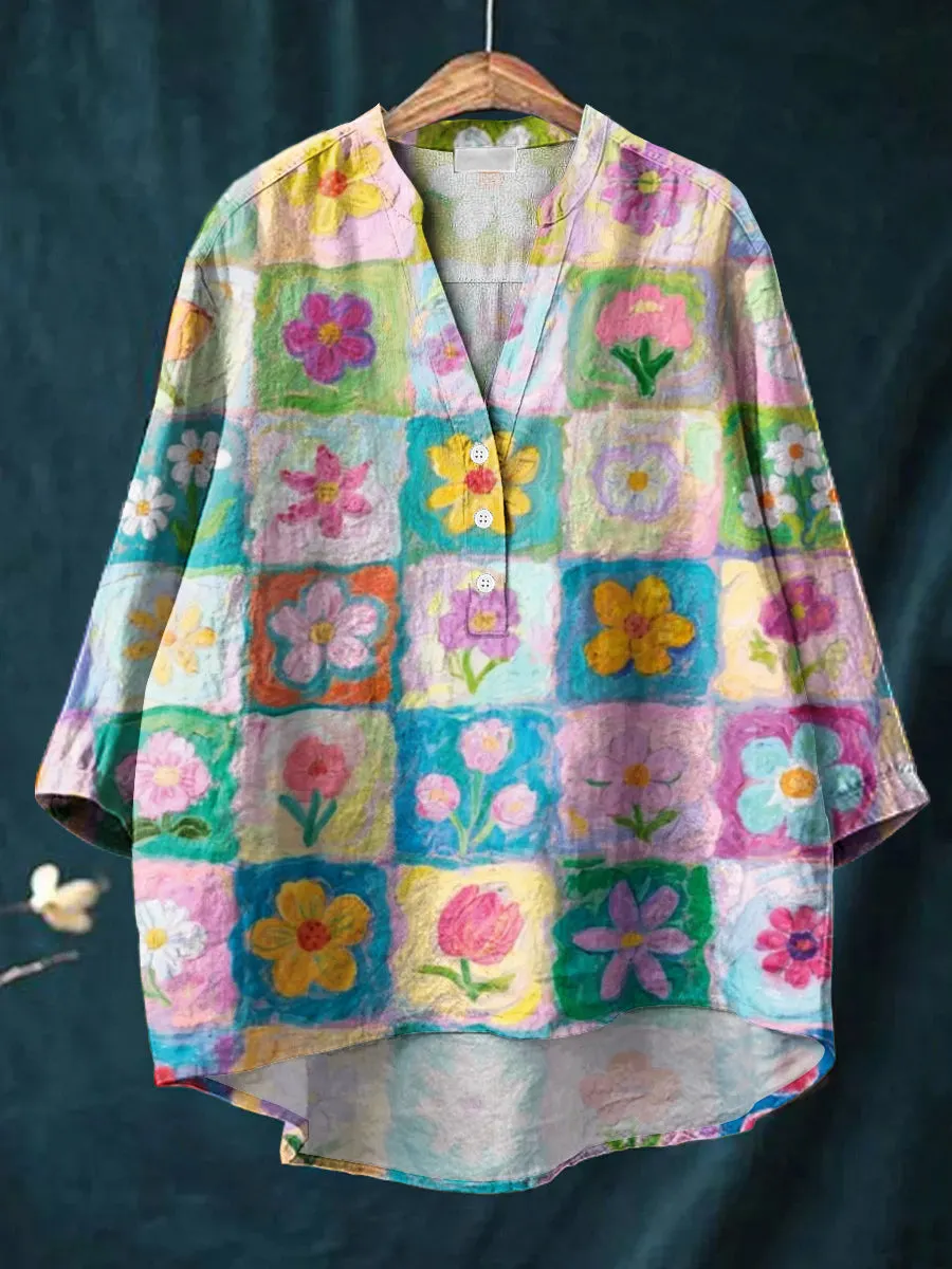 Beautiful Colorful Floral Plaid Painting Art Print Casual Cotton & Linen Ruffle Shirt