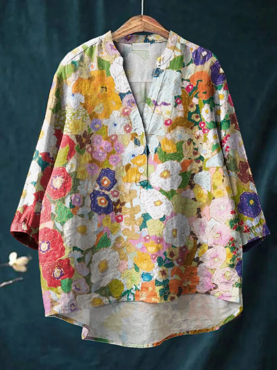 Beautiful Colorful Floral Painting Art Print Casual Cotton & Linen Ruffle Shirt