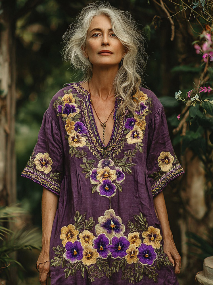 Women's Pansy Embroidery Design Inspired Art Casual V Neck Maxi Dress