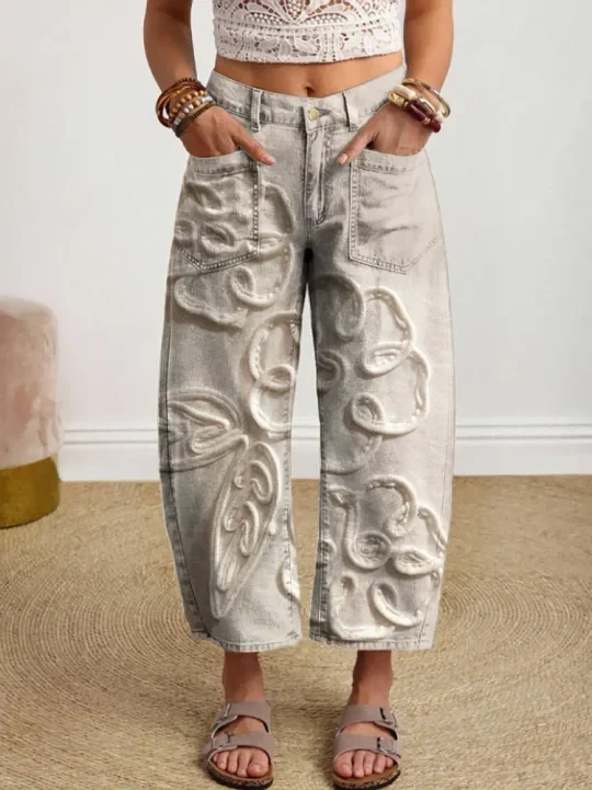 Vintage-style Textured Floral Art Print Casual Cotton Trousers With Pockets