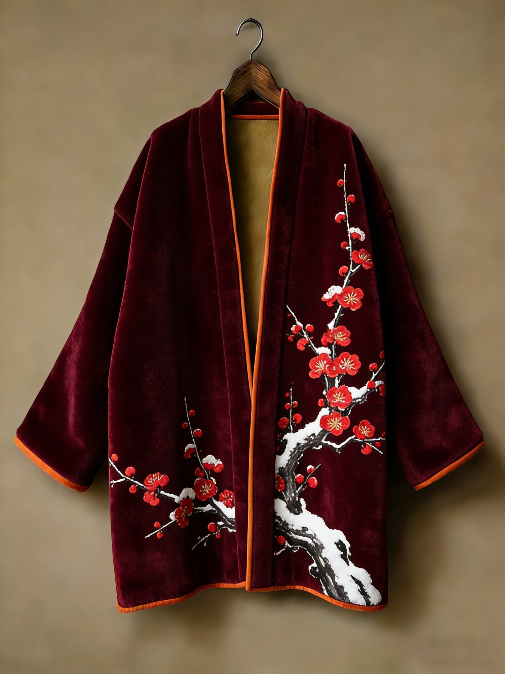 Oriental aesthetic printed flannel embroidered medium and long kimono cardigan