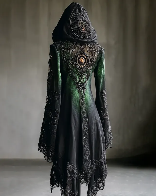 Boho Witch Gradient Embroidered Lace Patchwork Hooded Evening Dress df61