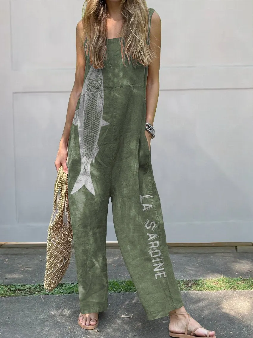 Sardine Fish Graphic Printed Women's Casual Wide-Leg Jumpsuit