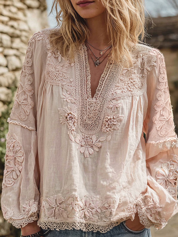 Women's Retro Pink Floral Lace Embroidery Art V-neck Shirt