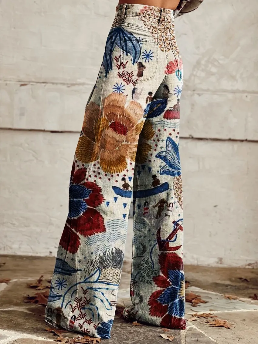 Vintage Print Casual Wide-Leg Pants