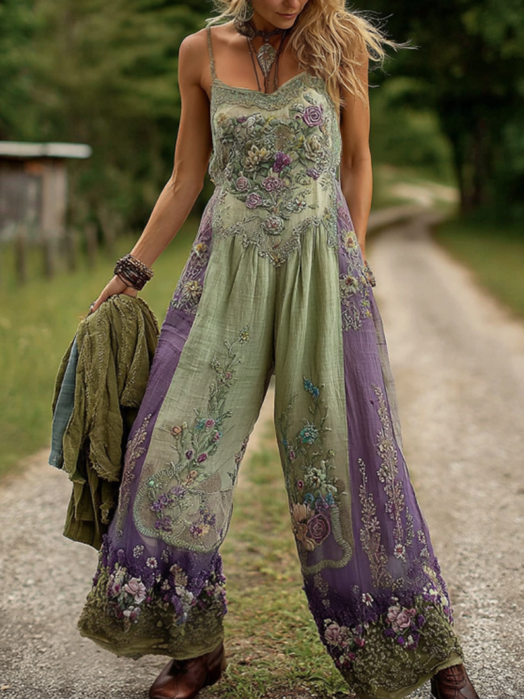 Vintage Classy Gradient Purple Lavender And Floral Embroidered Pattern Art Cotton Jumpsuit