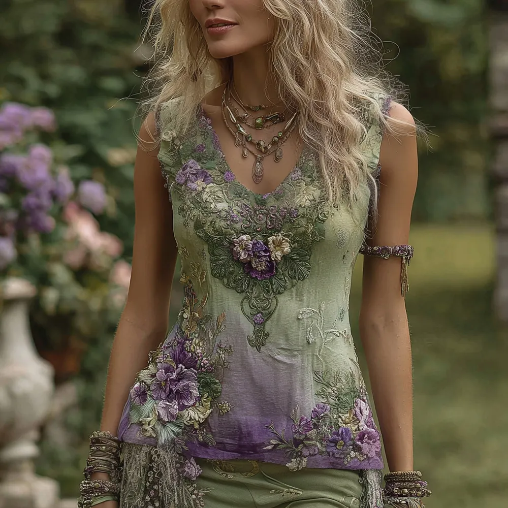 Vintage Floral Embroidered V-neck Blend Tank Top