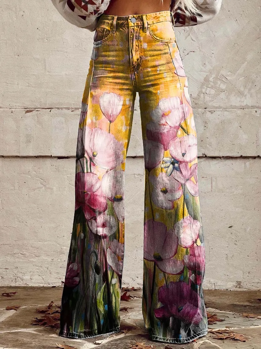 Poppy Print Casual Wide-Leg Pants