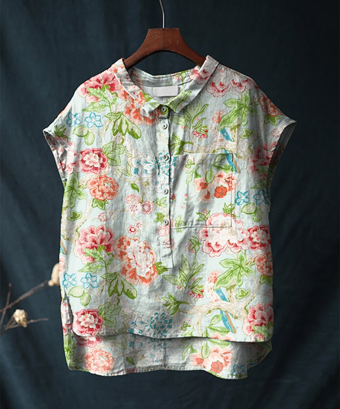 Vintage Art Floral Print Short Sleeve Cotton & Linen Shirt