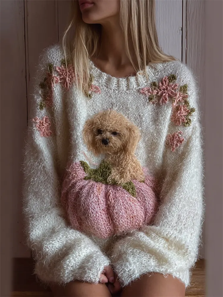 Fuzzy Dog & Pink Pumpkin Floral Cozy Knit Sweater