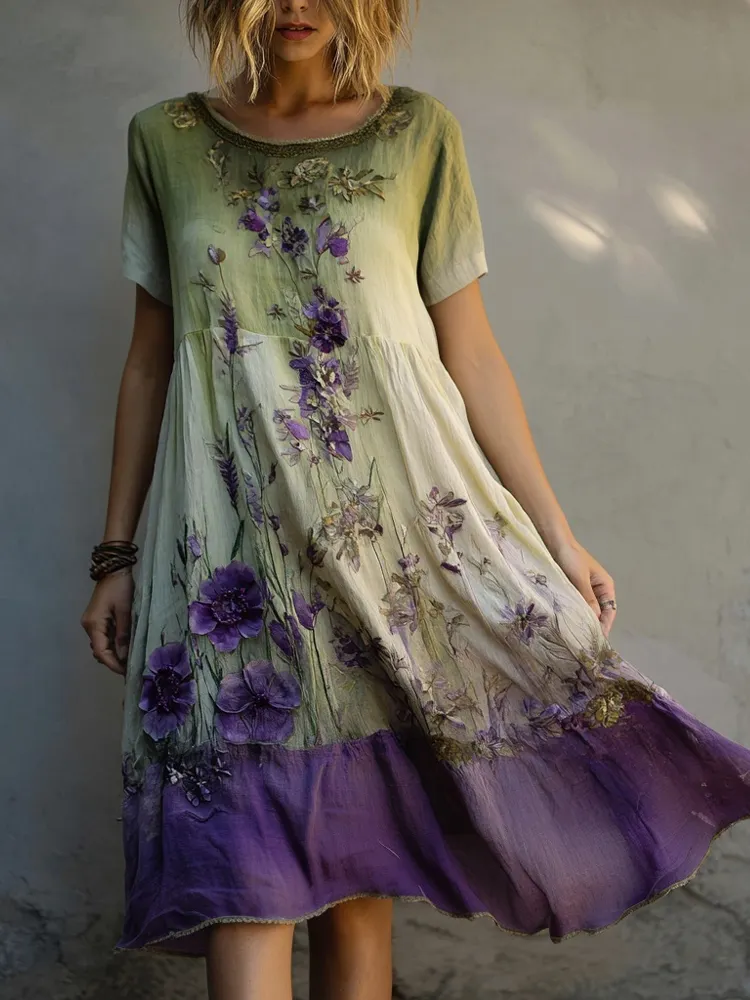 Purple Floral Embroidered Gradient Flowy Linen Midi Dress