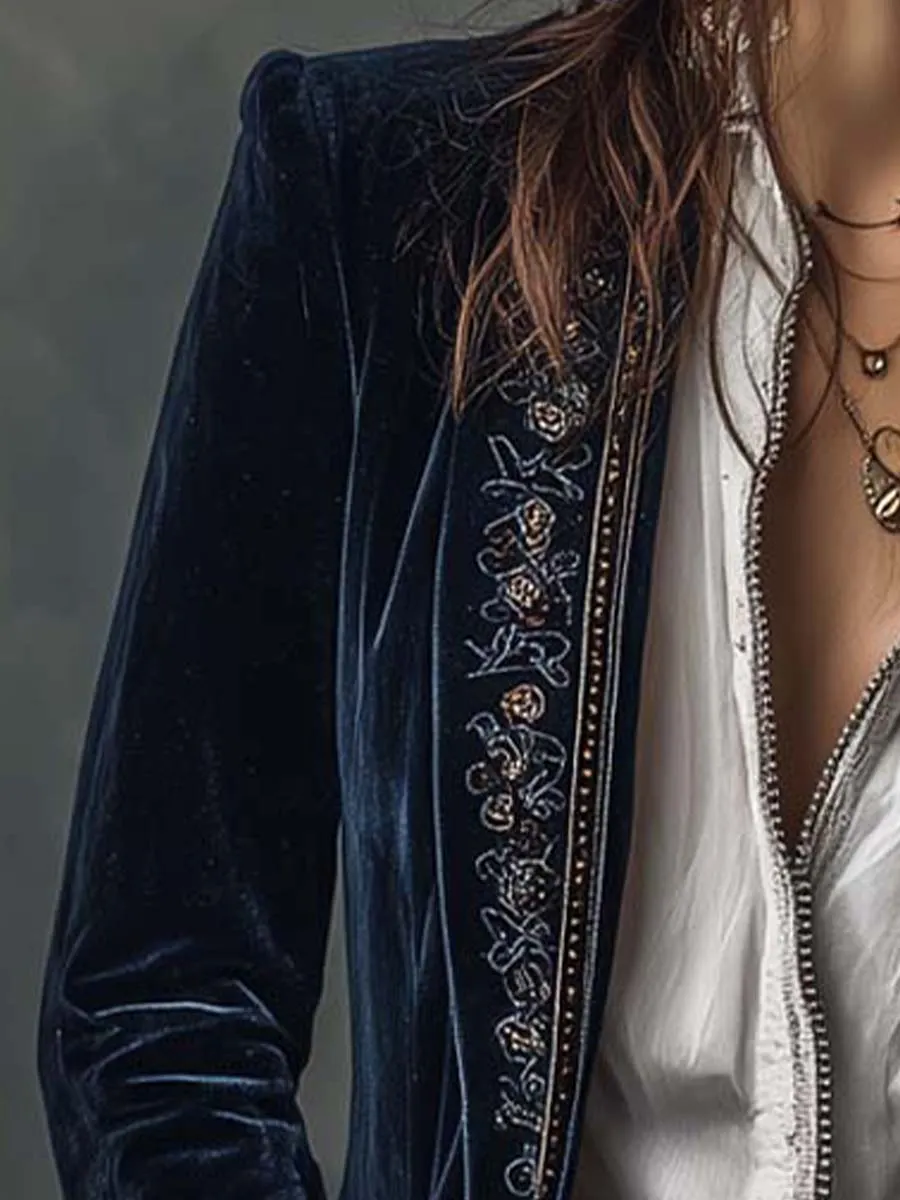 Vintage Navy Polyester Velvet Embroidered Long Jacket
