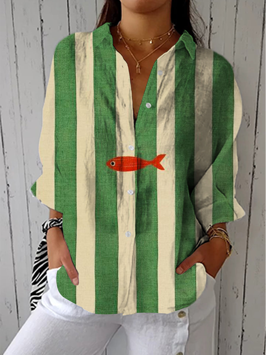 Art Green Line Fish Print Casual Linen V-neck Shirt