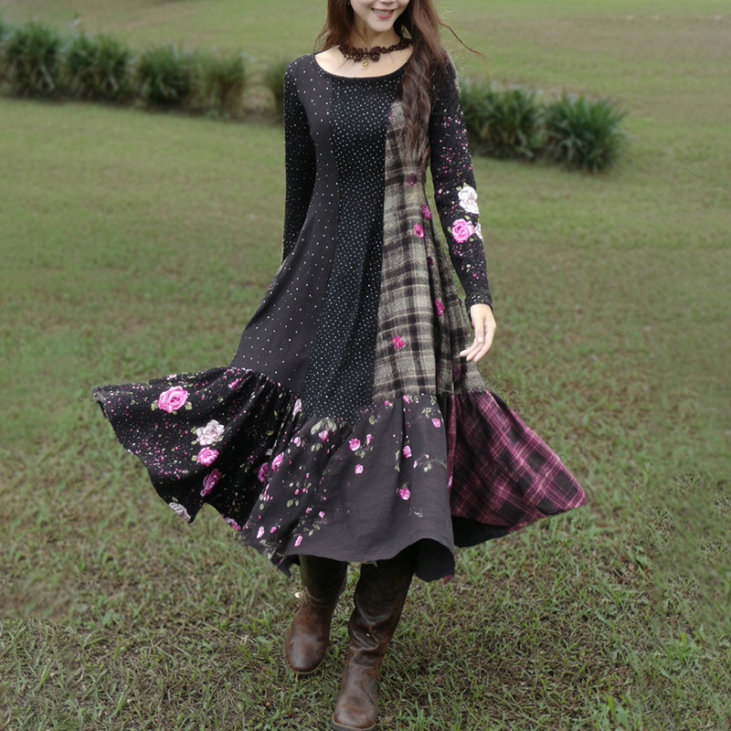 Women's Vintage Polka Dot And Rose Floral Plaid Patchwork Dress